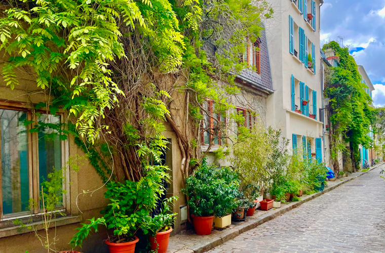 secretive rue des thermopyls - Bold colour statement and lush greenery adorn the street 