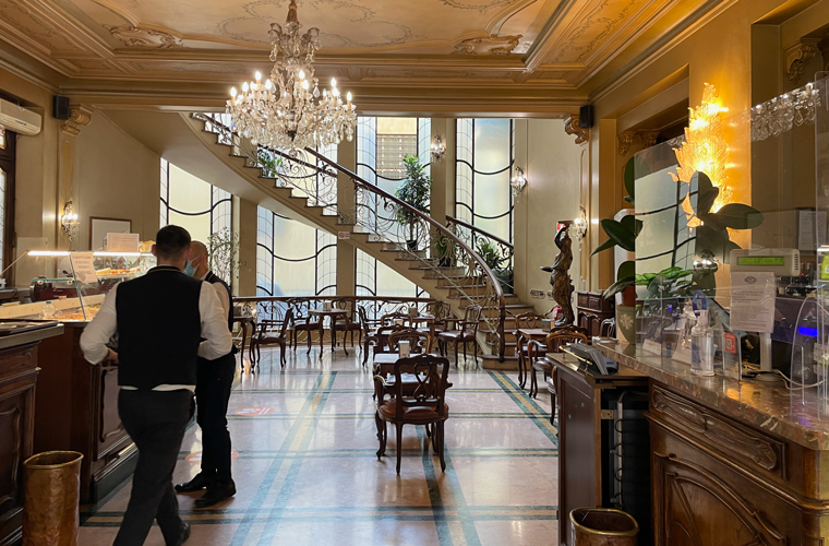 The art nouveau interior of one of Turin's finest historic coffee house, Art Nouveau Caffè Torino